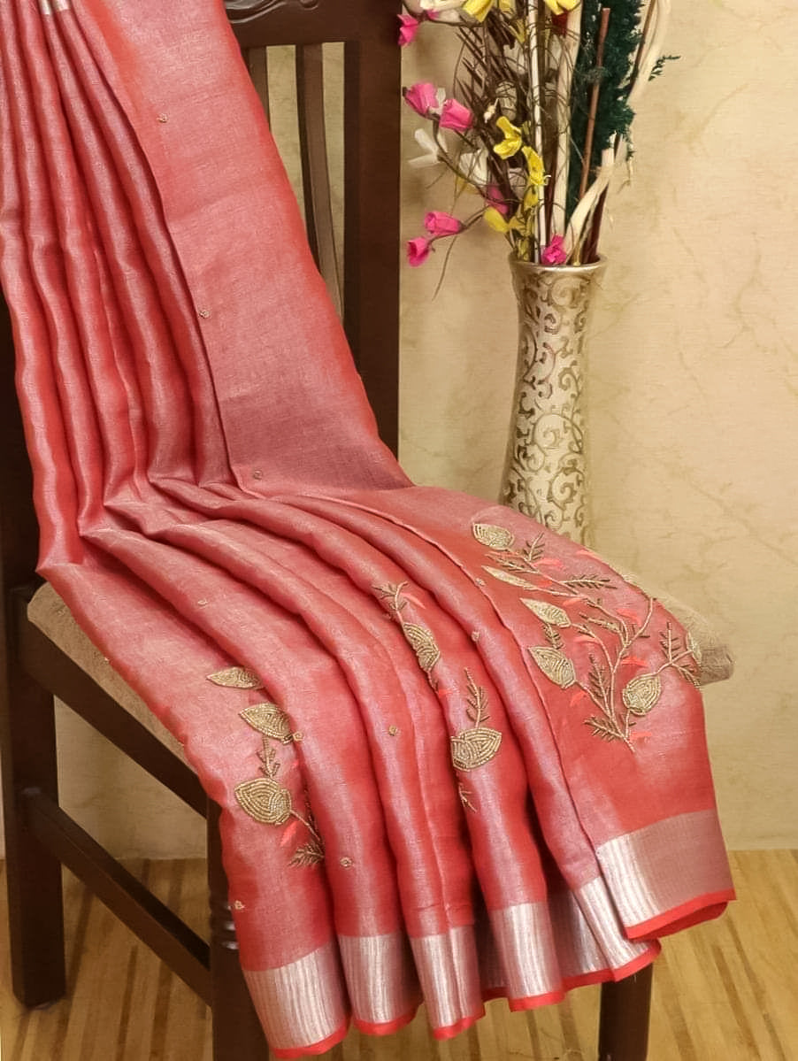 Premium Linen Tissue Saree with Floral Embroidery | Salmon Pink