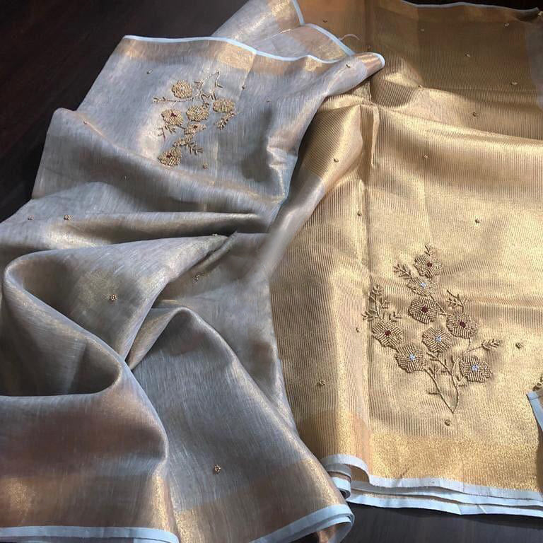 Premium Linen Tissue Saree with Floral Embroidery | Golden Beige