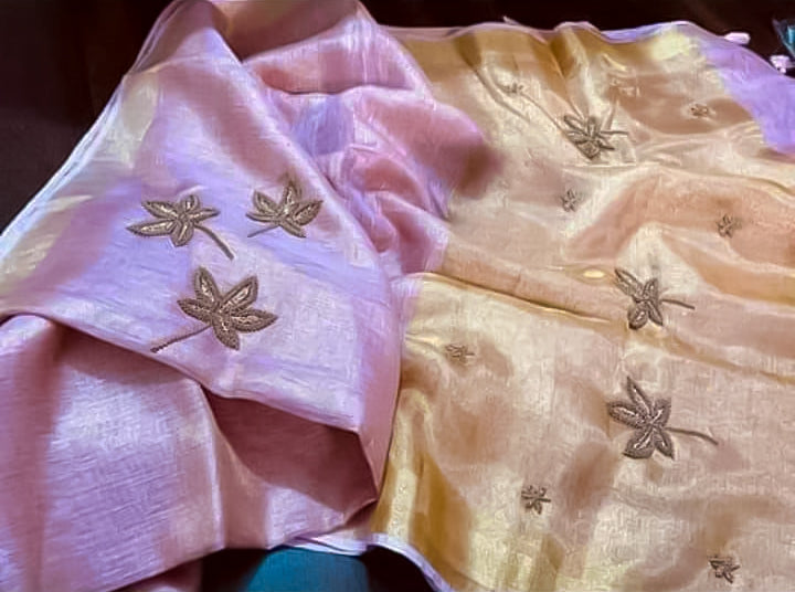 Premium Dual-Tone Linen Tissue Saree with Maple Leaf Embroidery | Pink-Gold