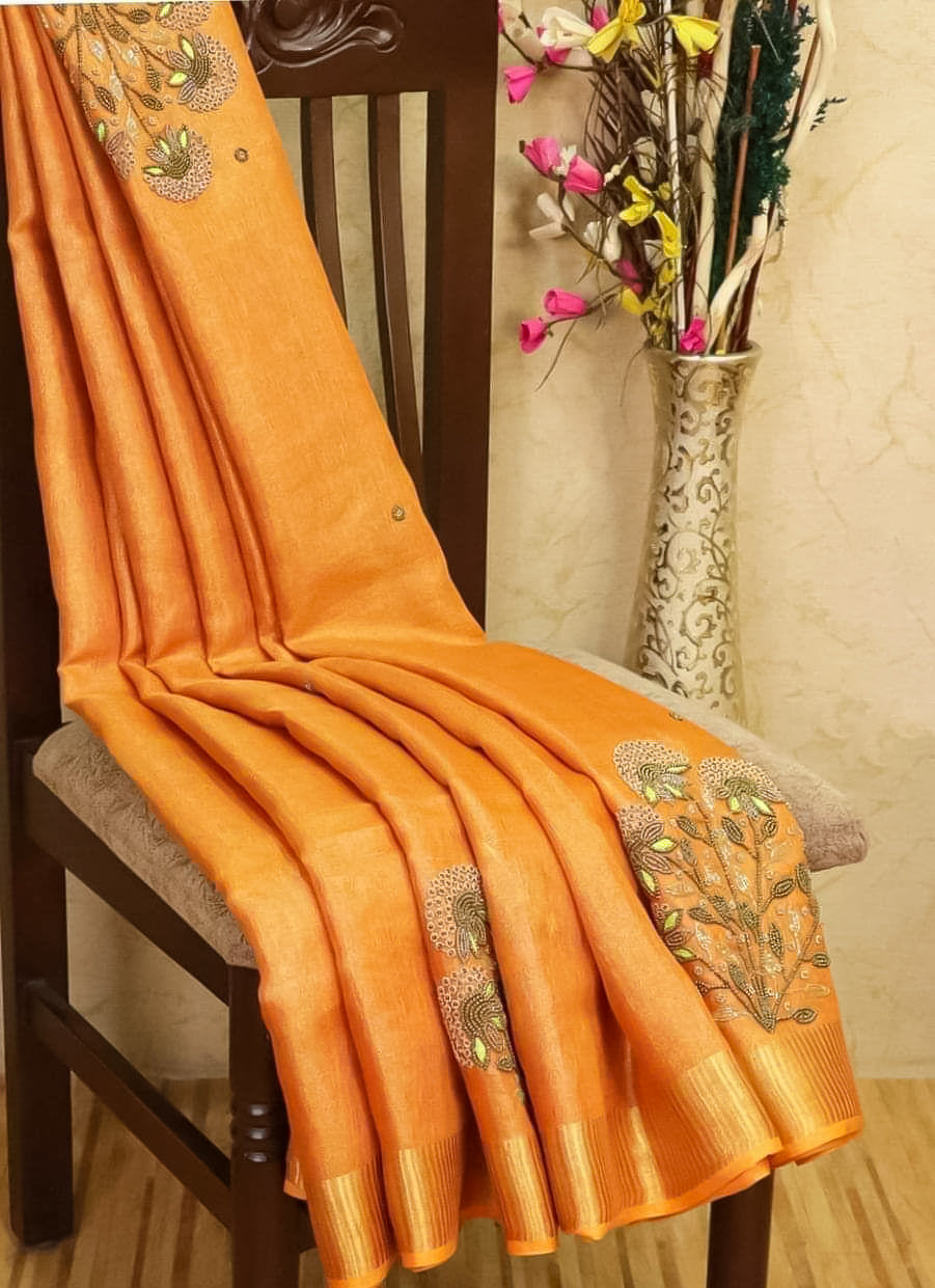 Premium Linen Tissue Saree with Floral Embroidery | Tangerine Orange