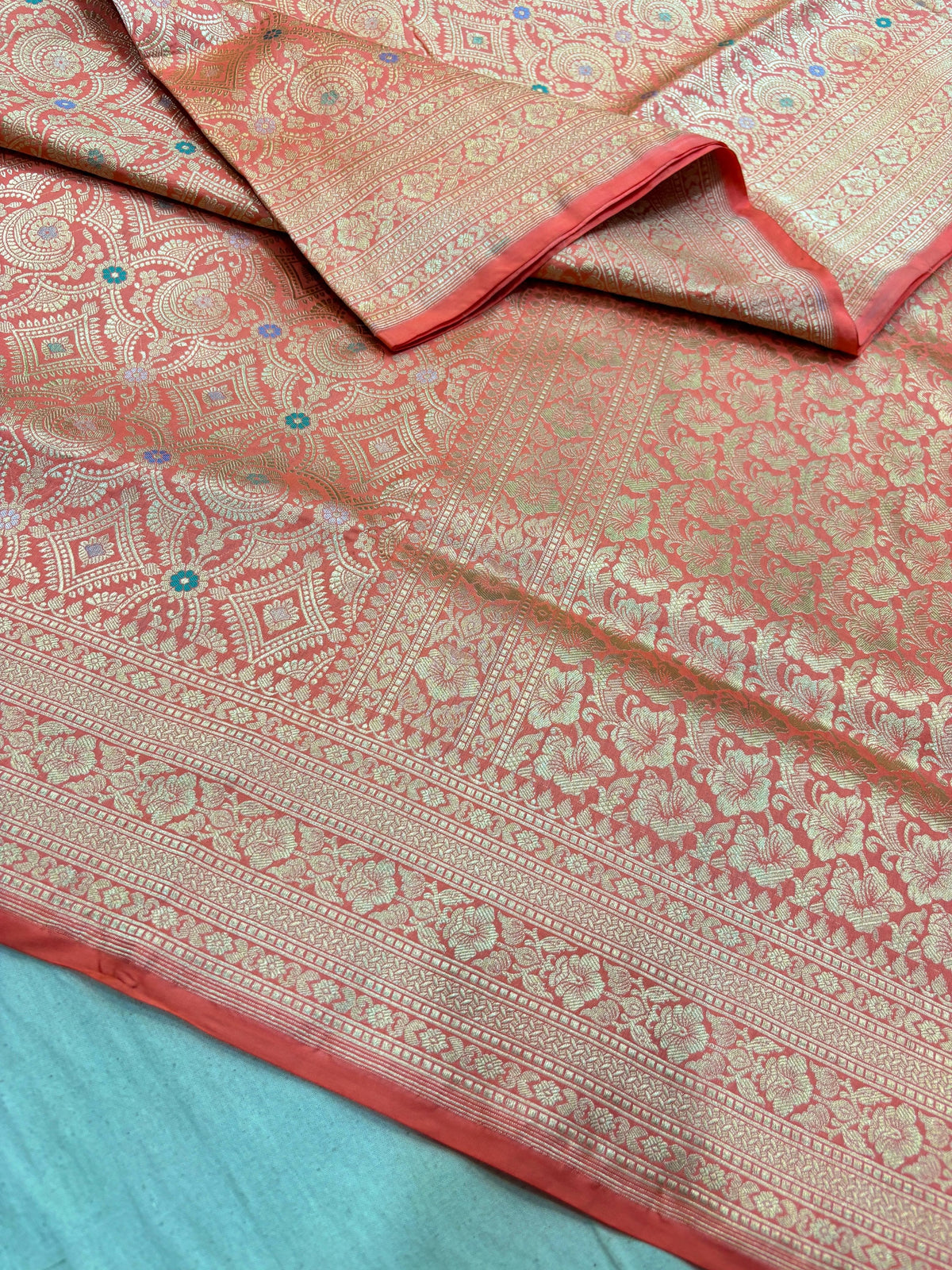 Pure Banaras Silk Saree with Luxurious Zari & Meenakari Weaving | Coral Red