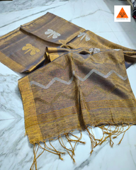 Premium Linen Tissue Saree with Dragonfly Motif & Zig-Zag Border | Brown-Gold