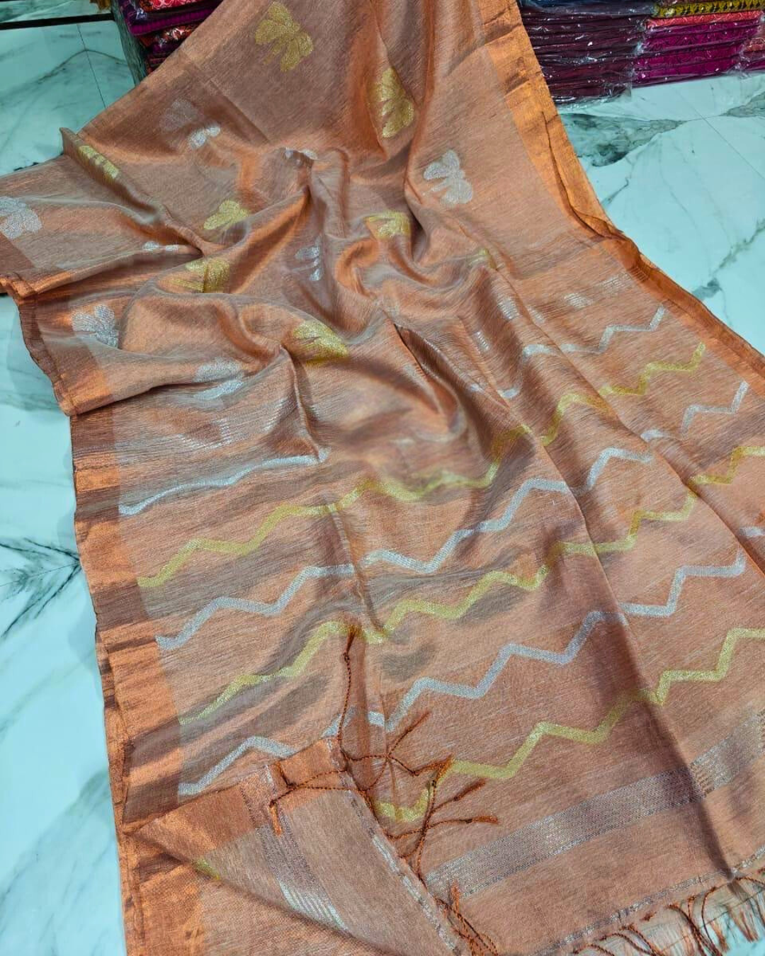 Premium Linen Tissue Saree with Floral Motif & Zig-Zag Border | Copper Peach