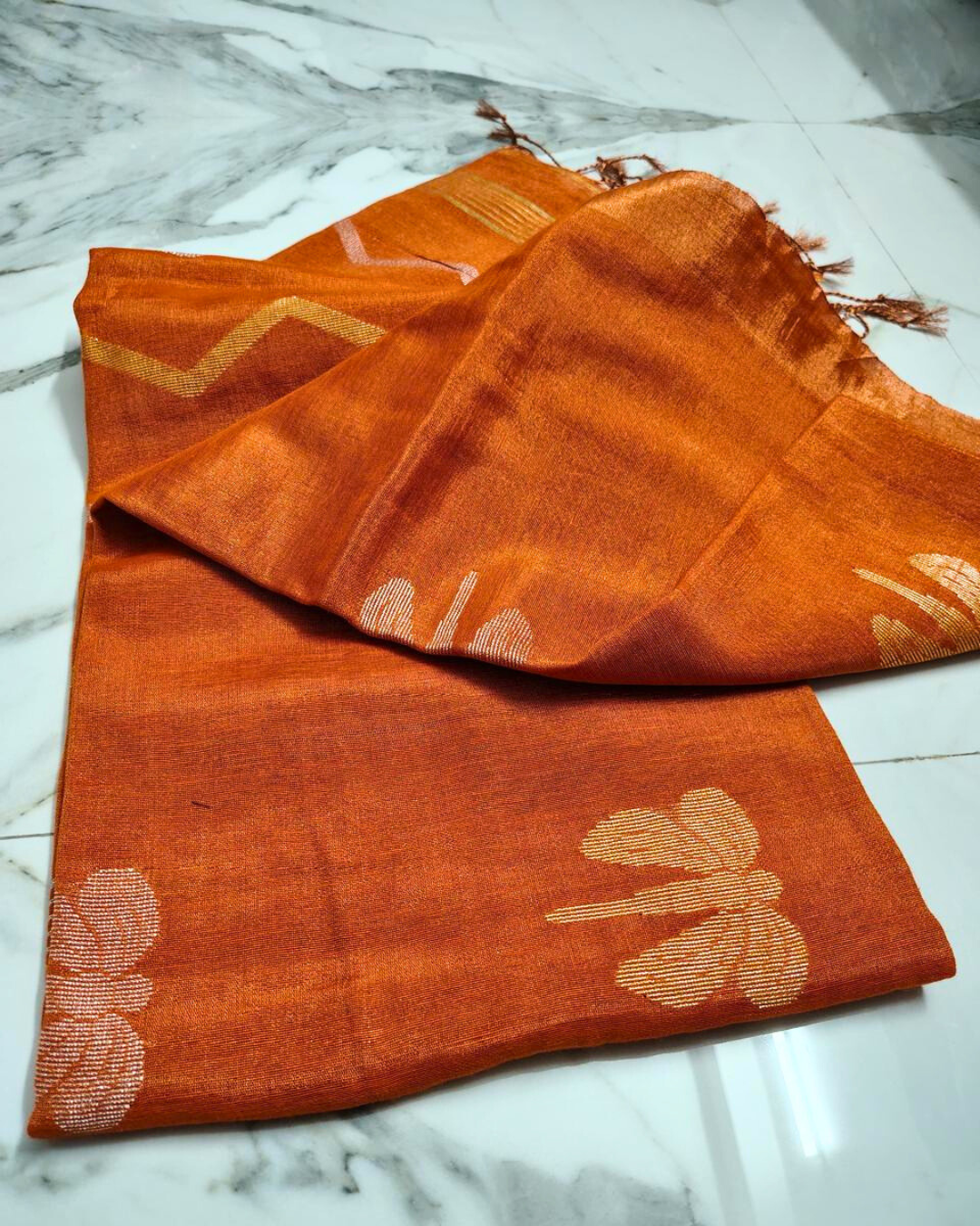 Premium Linen Tissue Saree with Dragonfly Motif & Zig-Zag Border | Rust Orange
