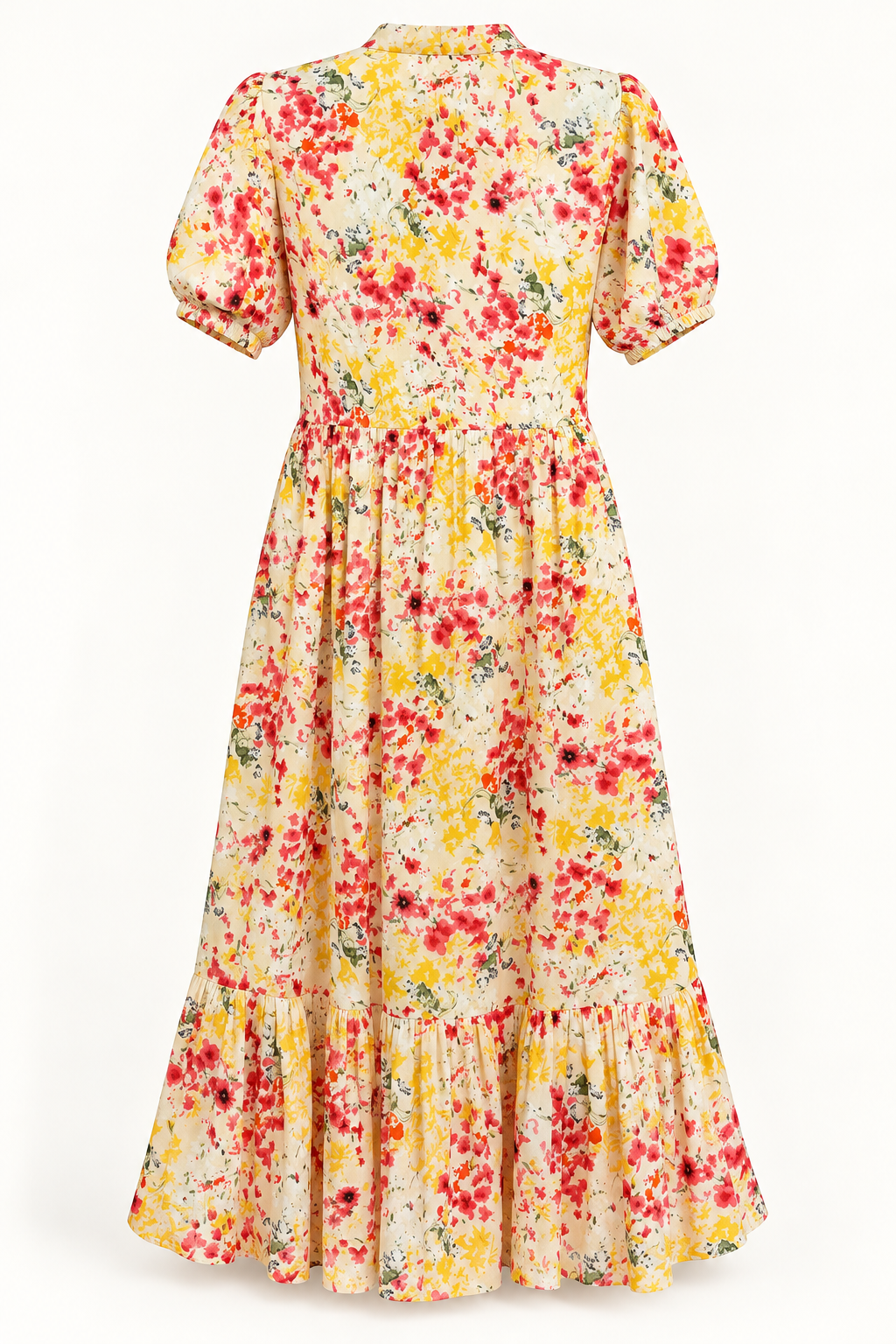 Back view of cream floral cotton dress with puff sleeves and tiered skirt