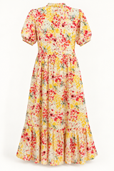 Back view of cream floral cotton dress with puff sleeves and tiered skirt