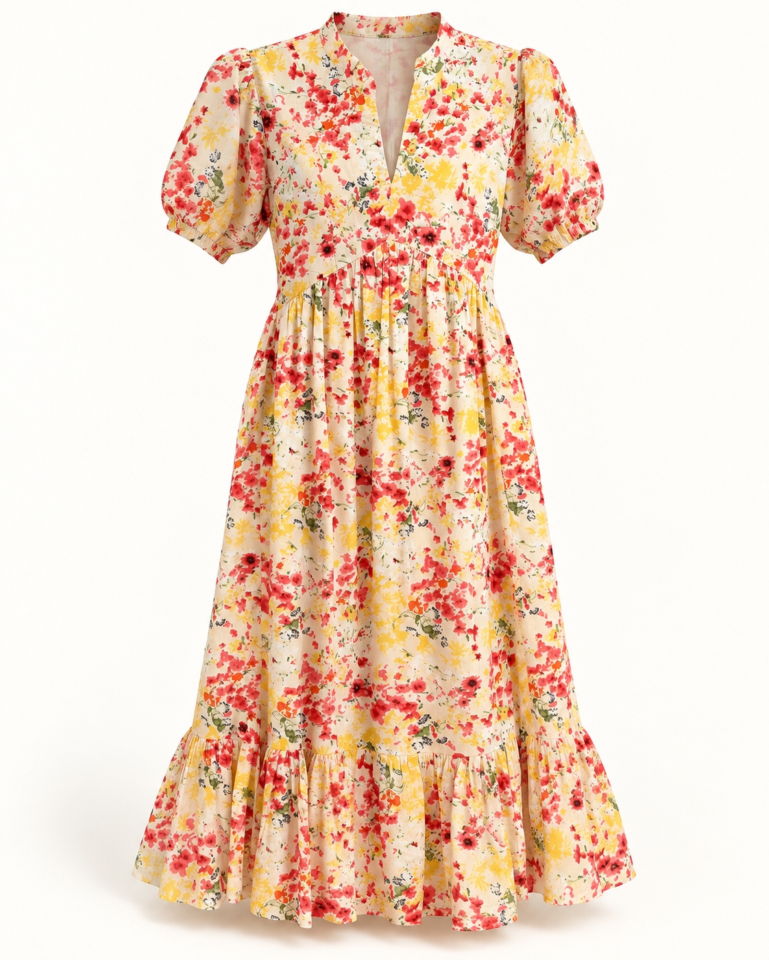 Front view of cream floral cotton dress with puff sleeves and tiered skirt
