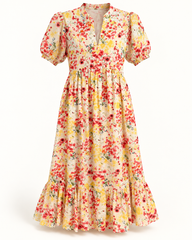 Front view of cream floral cotton dress with puff sleeves and tiered skirt
