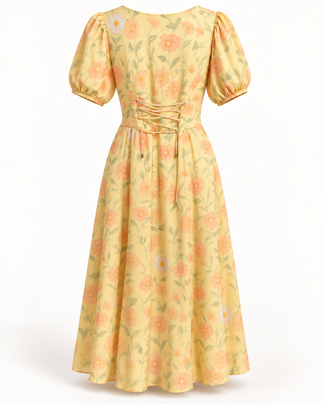 Back view of pastel-yellow floral dress