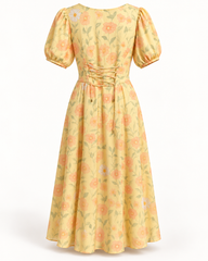 Back view of pastel-yellow floral dress