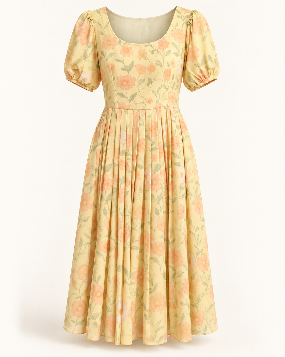 Front view of pastel-yellow floral dress with puff sleeves and pleated skirt
