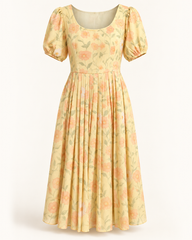 Front view of pastel-yellow floral dress with puff sleeves and pleated skirt