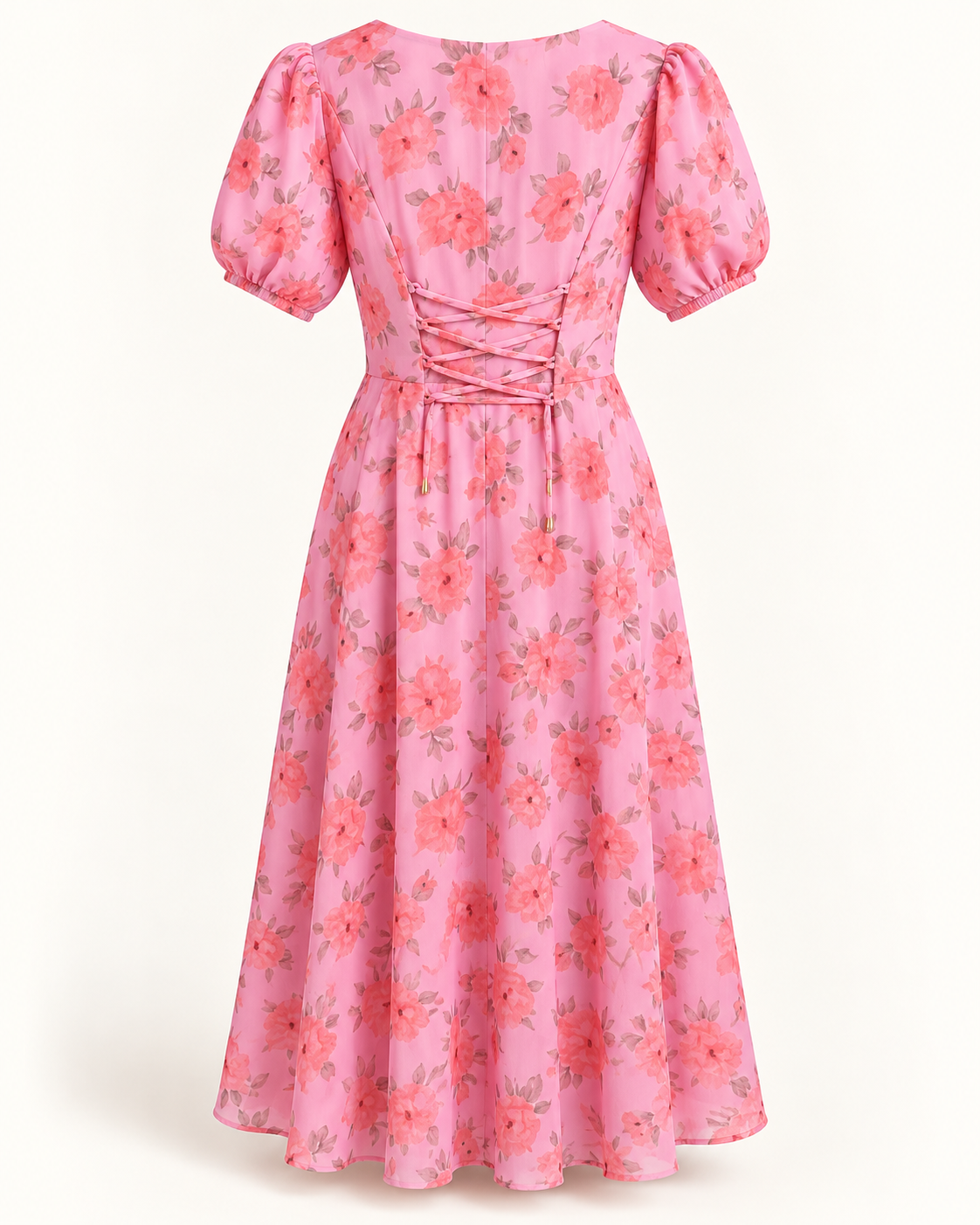 Back view of pink floral georgette dress with lace-up detail
