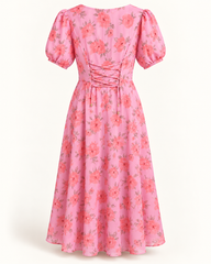 Back view of pink floral georgette dress with lace-up detail