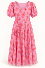 Front view of pink floral georgette dress with puff sleeves and pleated skirt