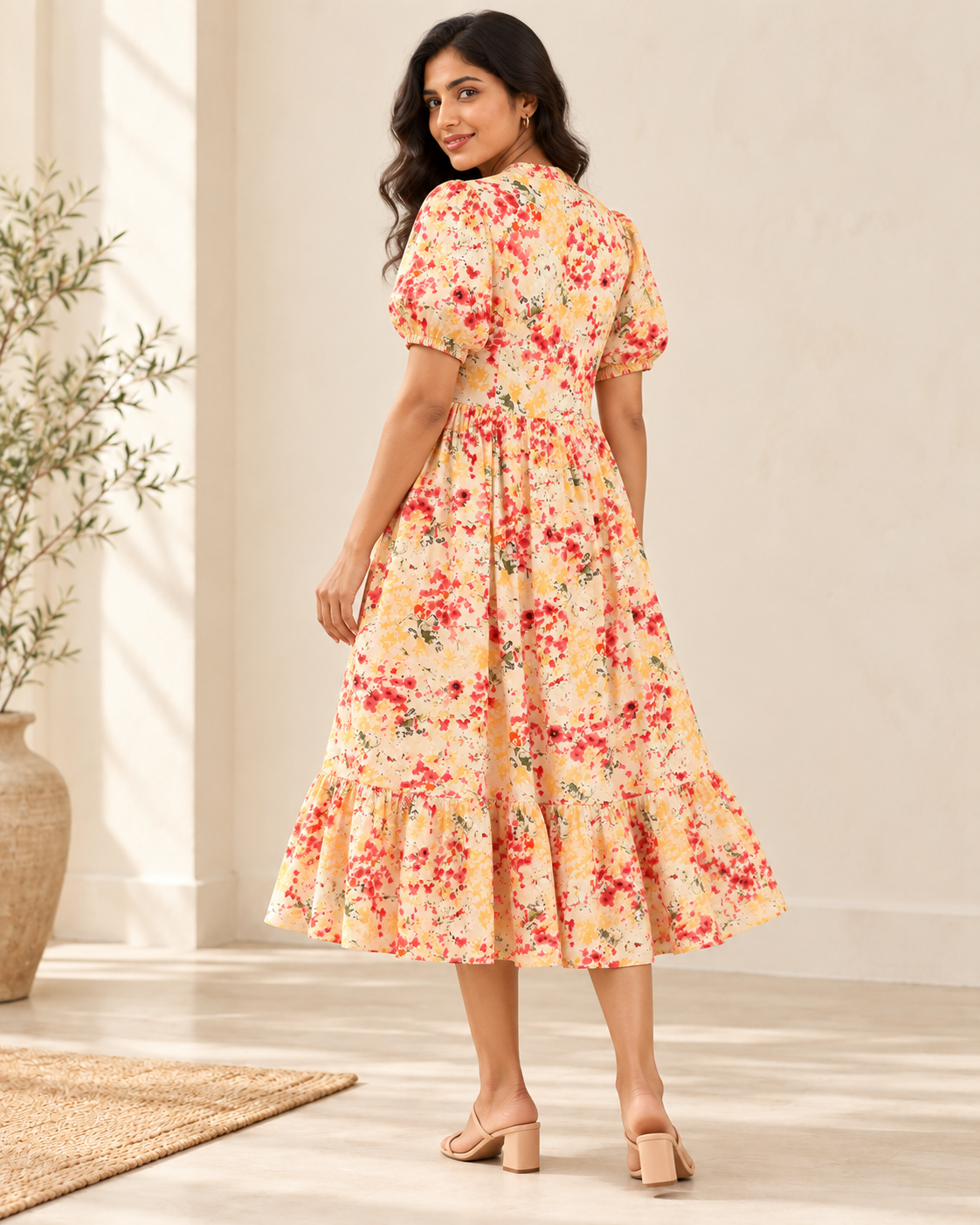 Adult Indian woman modeling the calf-length cream floral cotton dress, back three-quarter view
