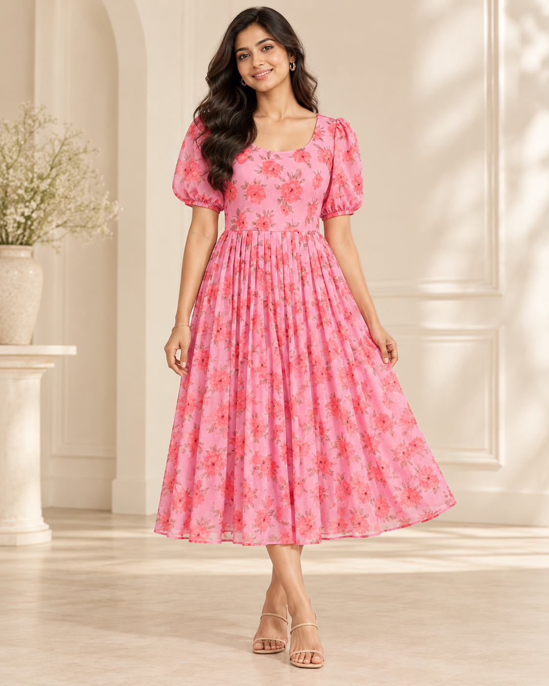 Adult Indian woman modeling the calf-length pink floral georgette dress, front view